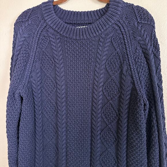 LLBean Signature Women L Cable Knit Fisherman Sweater Navy Blue Cotton - Picture 12 of 15